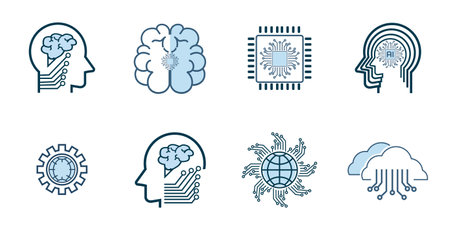 Groups of technology icon set, such as robot, digital, vr, ai, cyber Artificial Intelligence groups Related Vector Line Icons. Contains such Icons as AI processing, Algorithmのイラスト素材