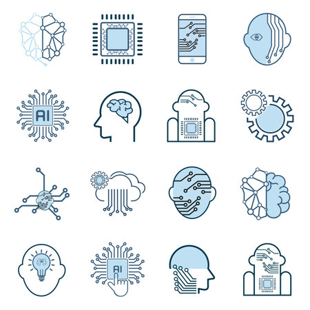 Set of AI technology icon vector, modern artificial intelligence such as robot, digital, vr, ai, cyber operatating system, AI circutes line style iconsのイラスト素材