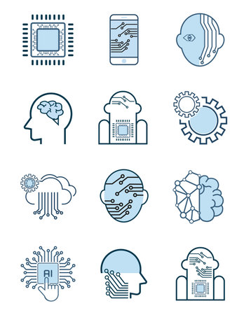 Artificial intelligence icons set. Collection of high quality outline web pictograms in modern flat style. Black machine learning symbol for web design and mobile app on white backgroundのイラスト素材