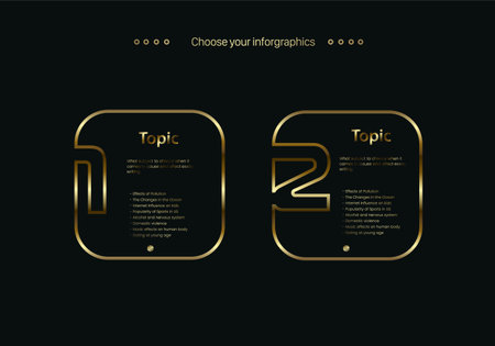 Two gold color pannels of infographic, 2 luxury boxes line multipurpose Infographic buttons design template, with three options and Premium golden version on a dark backgroundのイラスト素材