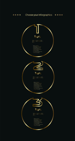 Set of three Vector golden, premuim, luxury multipurpose Infographic template design, three options and elements options on vertical dark backgroundのイラスト素材
