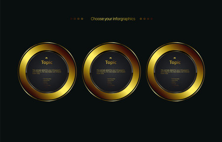Set of three gold option, three Luxury circle in golden color, abstract Vector button for multipurpose Infographic template, gold element optionsのイラスト素材