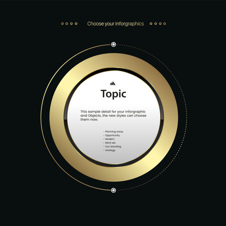 Luxury circle multipurpose Infographic template, a gold element option with text details and premium button, golden version on a dark background vector illustrationのイラスト素材