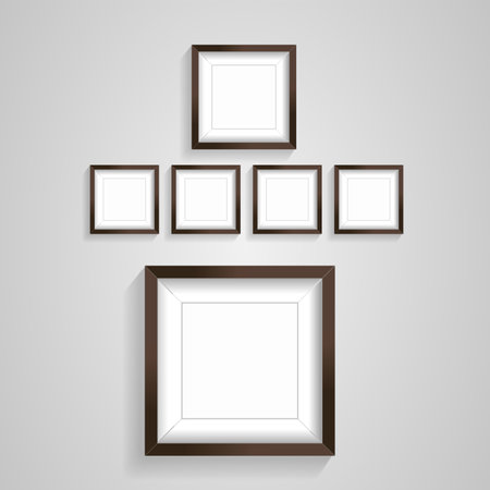 Realistic Six poster frames mock up. Vector illustration of picture frame wall art, premium rectangles frame of picture on white wall decorection designのイラスト素材