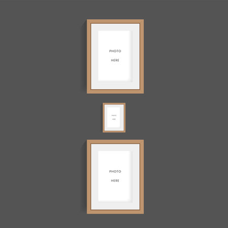 Three of  wood frame of photo on dark wall mock up design, picture frames vector on the wall  mock up vector illustrationのイラスト素材