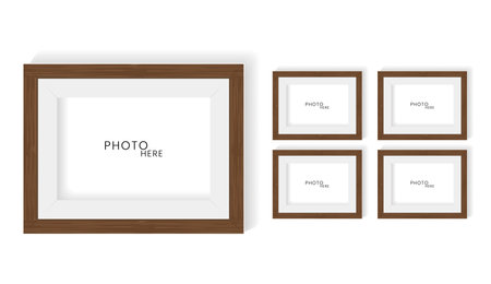 Group of five realistic photo frame mock up on white wall design, photo frame mock up vector illustration templatesのイラスト素材