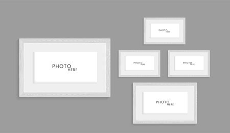 Set of grey wooden pattern of photo frames on isolated dark wall, uded in photo mock up vector illustrationのイラスト素材
