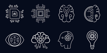 Group of artificial intelligent icons and symbols on dark background, AI group of icons and A group of AI technology concept vector stylesのイラスト素材