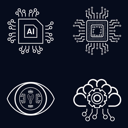 Set of 4 icons, symbols for AI concept vector, illustration design. Four artificial intelligent icons on dark backgroundのイラスト素材