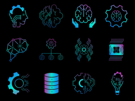 Set of 12 gradient color vector line icons related to the field of computational linguistics, robot and AI technology, language engineering iconsのイラスト素材
