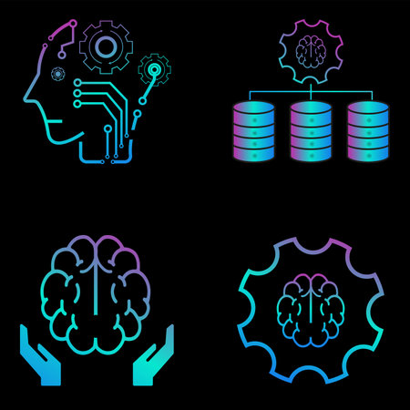 Set of 4 Colorful of pink and blue vector line icons related to AI concepts, and human technology icons, text analytics, and text mining on darkのイラスト素材