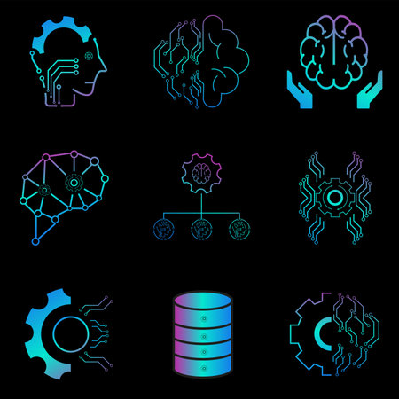 Nine Colorful of Lined pink and blue vector AI icons related to technology concepts, and human technology icons, text analytics, and text mining on darkのイラスト素材