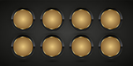 Group of 8 Dark and glod steel elements, Luxury realistic shiny metal buttons. and Eight golden circle buttons on isolated black backgroundのイラスト素材