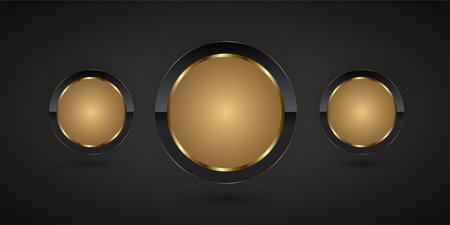 Dark and glod steel element Luxury realistic shiny metal. Three golden circle buttons on isolated black background. Premium circle button in round gold frame vector illustrationのイラスト素材