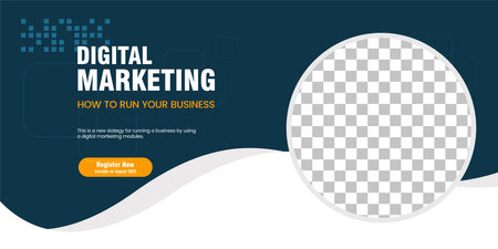 A Dark blue abstract banner used for Business webinar horizontal banner template design. Digital marketing banner concept templateのイラスト素材