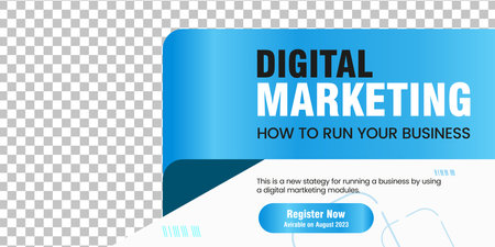 Style of banner design with blue color ribbon decoration and place for the photo, Digital Marketing media post banner templateのイラスト素材