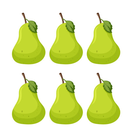 Set of Six Isolated green pear fruits on white background, Sweet pear seamless pattern. Organic healthy fruits backgroundのイラスト素材