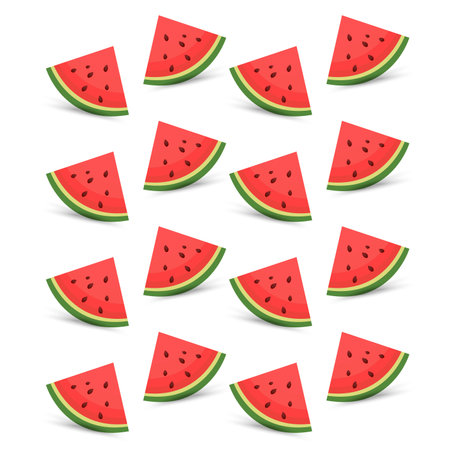 Groups of pieces cut sliced watermelon, clipart, vector, cartoon fresh green watermelon pieces, pieces red watermelon on isolated backgroundのイラスト素材