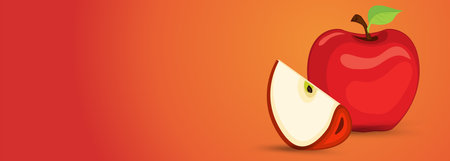 Apples slice banner, cut into pieces banner, banner for red fruity apples on isolated gradient red and yellow background, healthy fruit concept bannerのイラスト素材