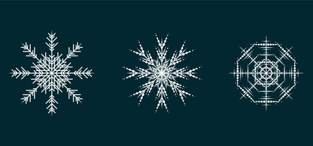 Group of Soft snowflakes collection isolated on black background. Set Flat snow icons, silhouette....