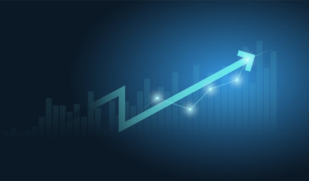 A Financial, Business and chart with moving up arrow graph in stock market on blue color backgroundのイラスト素材