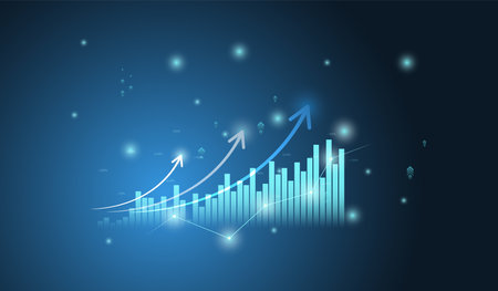 Business and Financial chart with moving up arrow graph in stock market on blue color background vectorのイラスト素材