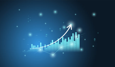 Business and Financial chart with moving up arrow graph and world map in stock market on blue color background vectorのイラスト素材