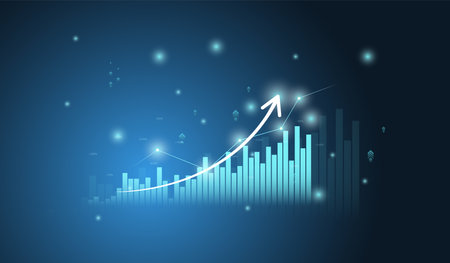 Financial, Business and chart with moving up arrow graph in stock market on blue color background vectorのイラスト素材