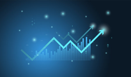 A Financial chart with moving up arrow graph and world map in stock market on blue color background vectorのイラスト素材