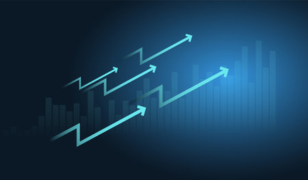 Financial, Business and chart with moving up arrow graph in stock market on blue color background vector illustration designのイラスト素材