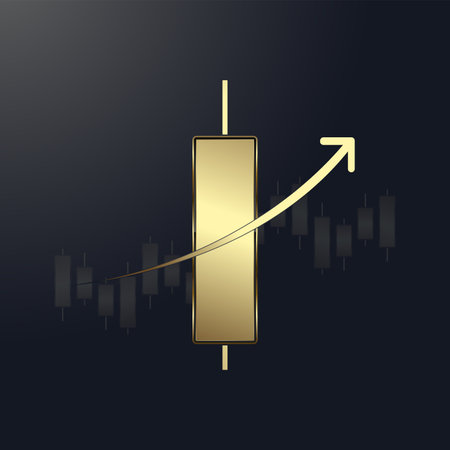 A Luxury bar chart. Gold Graph chart with up trend arrow on the top used for Business golden candle stick graph chart of investmentのイラスト素材