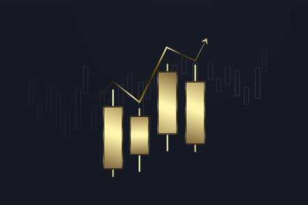 Gold, Luxury bar charts with up trend arrow on the top used for Business candle stick graph chart of stock market investment trading on dark backgroundのイラスト素材