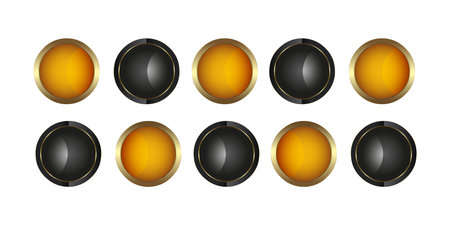 Group of Ten gold Circle buttons vector for UI buttons, Luxury button design, gold circle dark button, premium button on white background, vector illustrationのイラスト素材