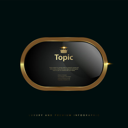 A premium quality banner with crown, gold black metallic round badge, a Gold shiny button, metallic golden infographic, vector icon on Dark BGのイラスト素材