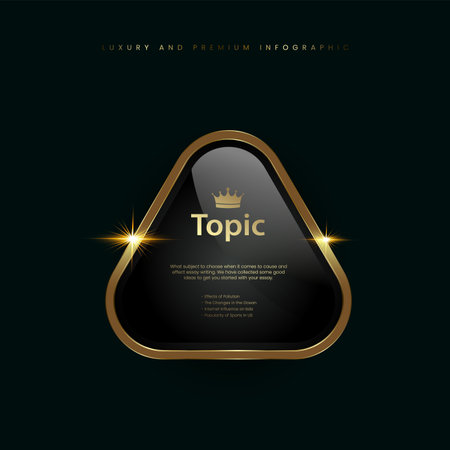 Triangle premium quality banners with crown, a gold triangle  black metallic round badge, a Gold shiny button, set of three metallic golden infographic vectorのイラスト素材
