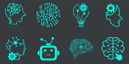 Artificial intelligence and machine learning vector icons set. Human head with brain, artificial intelligence, human head with gears and brain, brain with gears and light bulbのイラスト素材
