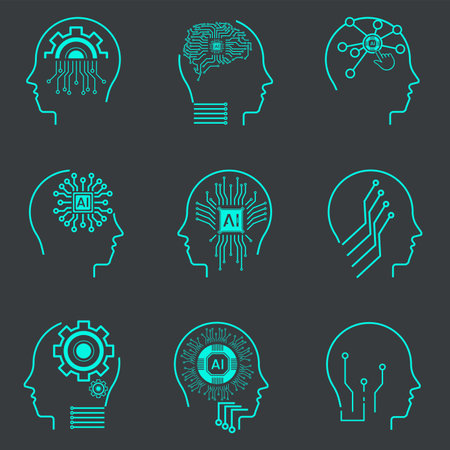 AI icon sets on dark background. Collection of symbols, technology vector element. artificial intelligence icon set in line style, machine learning, smart roboticのイラスト素材