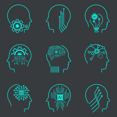 Artificial intelligence line icons. Editable stroke. Blue vector illustrations isolated. AI icon sets on dark background. Collection of symbols, technology vector elementsのイラスト素材