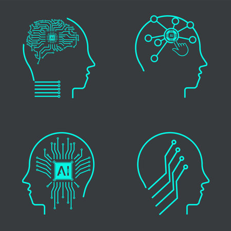 Collection of FOUR Artificial intelligence icons. Set in line style, machine learning, smart robotic head and cloud computing network digital AI technologyのイラスト素材