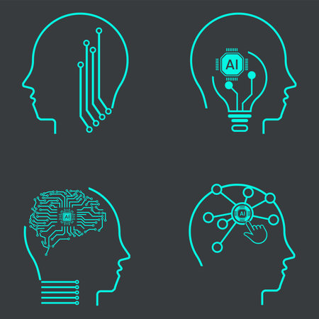Set of AI line style, machine learning robot heads. Collection of FOUR Artificial intelligence icons. smart robotic head and cloud computing network digital AI technologyのイラスト素材