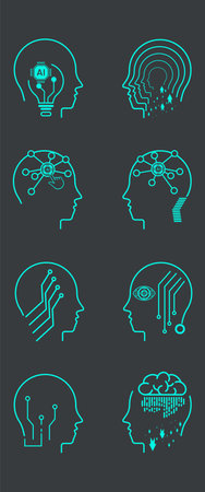 Set of Artificial intelligence line style. machine learning robot heads. Collection of Artificial intelligence icons vectorのイラスト素材
