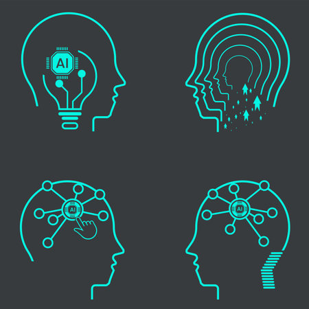 Group of AI icon sets on dark background. Collection of symbols, technology vector elements vector illustrationのイラスト素材