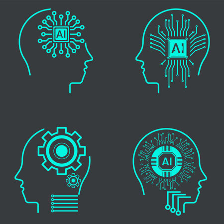 Collection of Artificial intelligence icon set in line style, machine learning, smart robotic head and cloud computing network digital AI technologyのイラスト素材