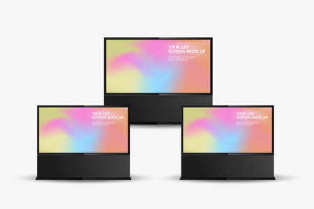 Set of three realistic LED mock-up screen prominently displaying a gradient background. three screens is placed at the center.のイラスト素材