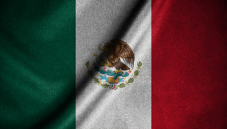 Mexico flag blowing in the wind isolated on white background. Official patriotic abstract design. 3d rendering illustration of waving sign symbol.の写真素材