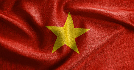 Closeup of Ruffled Vietnamese Flag, Vietnam Flag Blowing in Windの写真素材