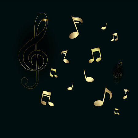 Music notes background. Golden music notes on dark background. Vector illustration.のイラスト素材