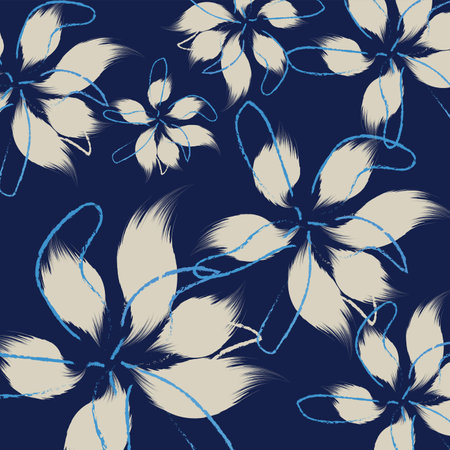 A seamless vector cream flowers with leaf pattern on blue background. Blue Flowers texture vector for clothes pattern, dark blue textile art, hand-draw style.の写真素材