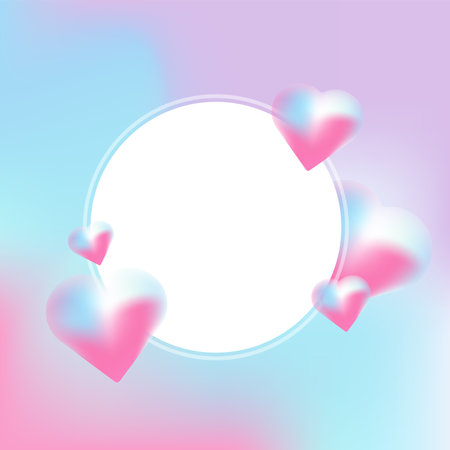 A dreamy pastel illustration with a smooth gradient backdrop and puffy hearts framing a white box for text. A minimal pastel design with 3D hearts in pink and blue gradients, perfect for Valentineâs Day.のイラスト素材