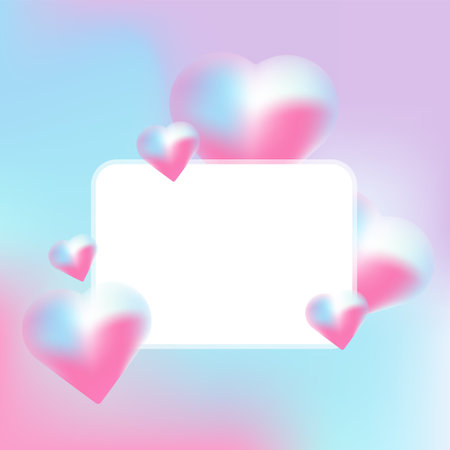 A pastel-themed design featuring a white rectangular frame surrounded by soft pink and blue gradient hearts, set against a gradient background blending light pink and blue hues.のイラスト素材